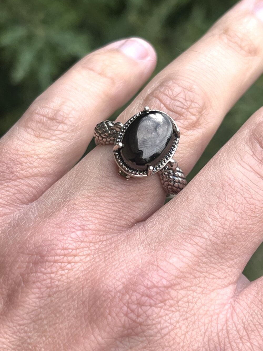 D'JOY 925 Sterling Silver Dragon Ring Black Cabochon Green Accent Stone SZ 8.25